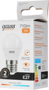 Лампа светодиодная Gauss Elementary 10Вт цок.:E27 шар 220B св.свеч.бел.теп. (упак.:1шт) (53210)