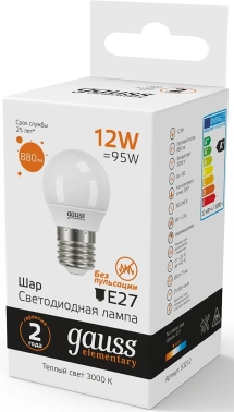 Лампа светодиодная Gauss Elementary 12Вт цок.:E27 шар 220B св.свеч.бел.теп. (упак.:1шт) (53212)