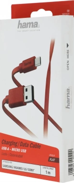 Кабель Hama 00187227 USB (m)-micro USB (m) 1м красный плоский