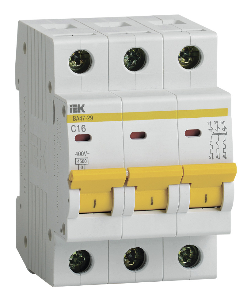 Выключатель автоматический IEK ВА47-29 MVA20-3-016-C 16A тип C 4.5kA 3П 400В 3мод белый (упак.:1шт)