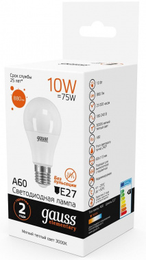 Лампа светодиодная Gauss Elementary 10Вт цок.:E27 груша 220B св.свеч.бел.теп. A60 (упак.:10шт) (23210)
