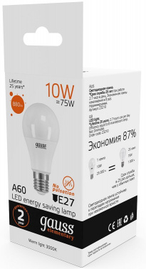 Лампа светодиодная Gauss Elementary 10Вт цок.:E27 груша 220B св.свеч.бел.теп. A60 (упак.:10шт) (23210)
