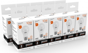 Лампа светодиодная Gauss Elementary 10Вт цок.:E27 груша 220B св.свеч.бел.нейт. A60 (упак.:10шт) (23220)