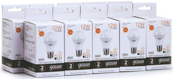 Лампа светодиодная Gauss Elementary 12Вт цок.:E27 груша 220B св.свеч.бел.теп. A60 (упак.:10шт) (23212)
