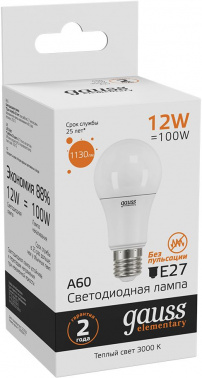 Лампа светодиодная Gauss Elementary 12Вт цок.:E27 груша 220B св.свеч.бел.теп. A60 (упак.:10шт) (23212)