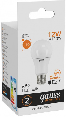 Лампа светодиодная Gauss Elementary 12Вт цок.:E27 груша 220B св.свеч.бел.теп. A60 (упак.:10шт) (23212)