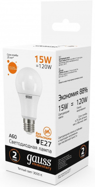 Лампа светодиодная Gauss Elementary 15Вт цок.:E27 груша 220B св.свеч.бел.теп. A60 (упак.:10шт) (23215)