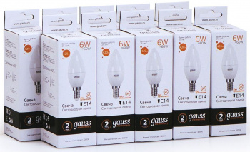 Лампа светодиодная Gauss Elementary 6Вт цок.:E14 свеча 220B св.свеч.бел.теп. C37 (упак.:10шт) (33116)