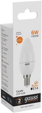 Лампа светодиодная Gauss Elementary 6Вт цок.:E14 свеча 220B св.свеч.бел.теп. C37 (упак.:10шт) (33116)