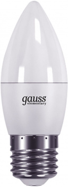 Лампа светодиодная Gauss Elementary 6Вт цок.:E27 свеча 220B св.свеч.бел.теп. C37 (упак.:10шт) (33216)