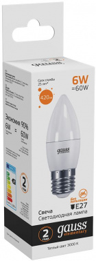 Лампа светодиодная Gauss Elementary 6Вт цок.:E27 свеча 220B св.свеч.бел.теп. C37 (упак.:10шт) (33216)