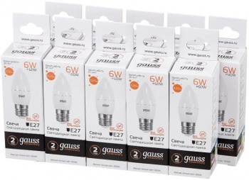 Лампа светодиодная Gauss Elementary 6Вт цок.:E27 свеча 220B св.свеч.бел.теп. C37 (упак.:10шт) (33216)