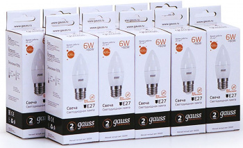 Лампа светодиодная Gauss Elementary 6Вт цок.:E27 свеча 220B св.свеч.бел.теп. C37 (упак.:10шт) (33216)