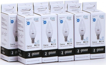 Лампа светодиодная Gauss Elementary 6Вт цок.:E14 свеча 220B 4100K св.свеч.бел.нейт. C37 (упак.:10шт) (33126)