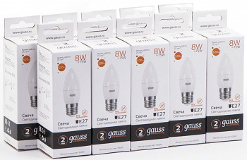 Лампа светодиодная Gauss Elementary 8Вт цок.:E27 свеча 220B св.свеч.бел.теп. C37 (упак.:10шт) (33218)