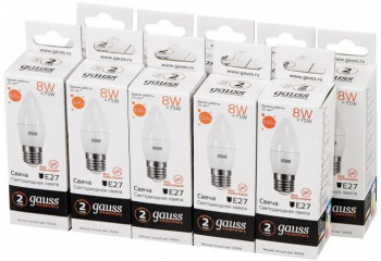 Лампа светодиодная Gauss Elementary 8Вт цок.:E27 свеча 220B св.свеч.бел.теп. C37 (упак.:10шт) (33218)