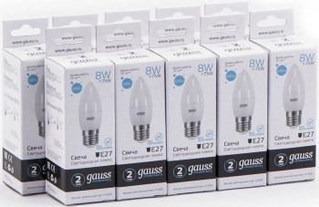 Лампа светодиодная Gauss Elementary 8Вт цок.:E27 свеча 220B св.свеч.бел.нейт. C37 (упак.:10шт) (33228)