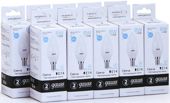 Лампа светодиодная Gauss Elementary 8Вт цок.:E14 свеча 220B св.свеч.бел.хол. C37 (упак.:10шт) (33138)