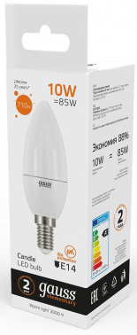 Лампа светодиодная Gauss Elementary 10Вт цок.:E14 свеча 220B св.свеч.бел.теп. C37 (упак.:10шт) (33110)