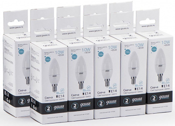 Лампа светодиодная Gauss Elementary 10Вт цок.:E14 свеча 220B св.свеч.бел.нейт. C37 (упак.:10шт) (33120)