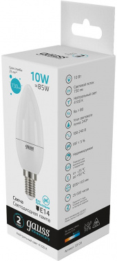 Лампа светодиодная Gauss Elementary 10Вт цок.:E14 свеча 220B св.свеч.бел.нейт. C37 (упак.:10шт) (33120)