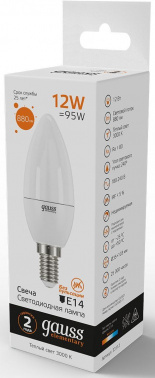 Лампа светодиодная Gauss Elementary 12Вт цок.:E14 свеча 220B св.свеч.бел.теп. C37 (упак.:10шт) (33112)