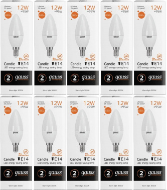 Лампа светодиодная Gauss Elementary 12Вт цок.:E14 свеча 220B св.свеч.бел.теп. C37 (упак.:10шт) (33112)