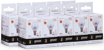 Лампа светодиодная Gauss Elementary 6Вт цок.:E14 шар 220B св.свеч.бел.теп. (упак.:10шт) (53116)