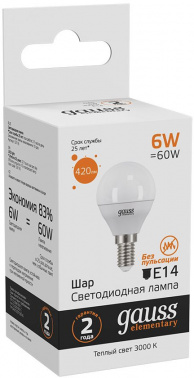 Лампа светодиодная Gauss Elementary 6Вт цок.:E14 шар 220B св.свеч.бел.теп. (упак.:10шт) (53116)