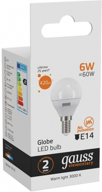 Лампа светодиодная Gauss Elementary 6Вт цок.:E14 шар 220B св.свеч.бел.теп. (упак.:10шт) (53116)