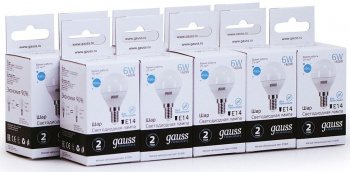 Лампа светодиодная Gauss Elementary 6Вт цок.:E14 шар 220B св.свеч.бел.нейт. (упак.:10шт) (53126)