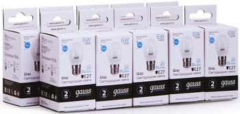 Лампа светодиодная Gauss Elementary 6Вт цок.:E27 шар 220B св.свеч.бел.нейт. (упак.:10шт) (53226)