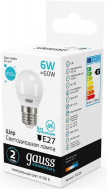 Лампа светодиодная Gauss Elementary 6Вт цок.:E27 шар 220B св.свеч.бел.нейт. (упак.:10шт) (53226)