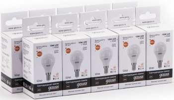 Лампа светодиодная Gauss Elementary 10Вт цок.:E14 шар 220B св.свеч.бел.теп. (упак.:10шт) (53110)