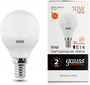 Лампа светодиодная Gauss Elementary 10Вт цок.:E14 шар 220B св.свеч.бел.теп. (упак.:10шт) (53110)