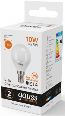 Лампа светодиодная Gauss Elementary 10Вт цок.:E14 шар 220B св.свеч.бел.теп. (упак.:10шт) (53110)