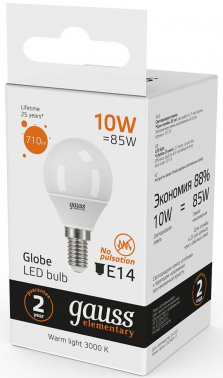 Лампа светодиодная Gauss Elementary 10Вт цок.:E14 шар 220B св.свеч.бел.теп. (упак.:10шт) (53110)