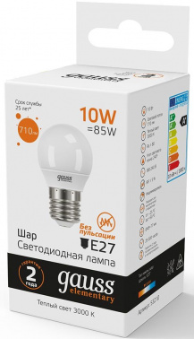 Лампа светодиодная Gauss Elementary 10Вт цок.:E27 шар 220B св.свеч.бел.теп. (упак.:10шт) (53210)