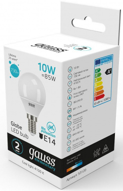Лампа светодиодная Gauss Elementary 10Вт цок.:E14 шар 220B св.свеч.бел.нейт. (упак.:10шт) (53120)