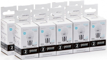 Лампа светодиодная Gauss Elementary 10Вт цок.:E27 шар 220B св.свеч.бел.нейт. (упак.:10шт) (53220)