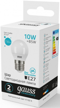 Лампа светодиодная Gauss Elementary 10Вт цок.:E27 шар 220B св.свеч.бел.нейт. (упак.:10шт) (53220)