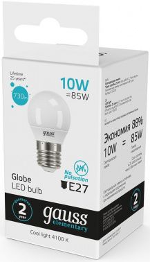 Лампа светодиодная Gauss Elementary 10Вт цок.:E27 шар 220B св.свеч.бел.нейт. (упак.:10шт) (53220)
