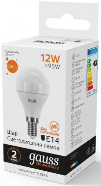 Лампа светодиодная Gauss Elementary 12Вт цок.:E14 шар 220B св.свеч.бел.теп. (упак.:10шт) (53112)