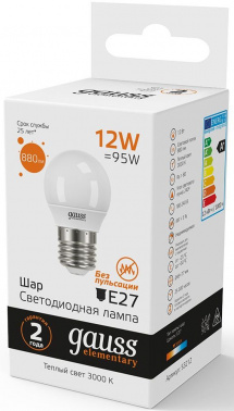 Лампа светодиодная Gauss Elementary 12Вт цок.:E27 шар 220B св.свеч.бел.теп. (упак.:10шт) (53212)