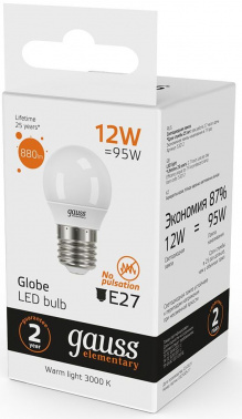 Лампа светодиодная Gauss Elementary 12Вт цок.:E27 шар 220B св.свеч.бел.теп. (упак.:10шт) (53212)