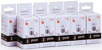 Лампа светодиодная Gauss Elementary 12Вт цок.:E27 шар 220B св.свеч.бел.теп. (упак.:10шт) (53212)