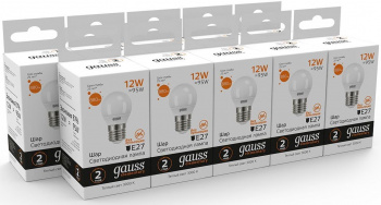 Лампа светодиодная Gauss Elementary 12Вт цок.:E27 шар 220B св.свеч.бел.теп. (упак.:10шт) (53212)