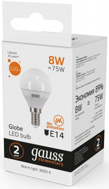 Лампа светодиодная Gauss Elementary 12Вт цок.:E14 шар 220B св.свеч.бел.нейт. (упак.:10шт) (53122)