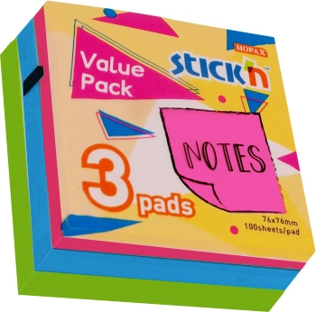 Блок самоклеящийся бумажный Stick`n 27095 76x76мм 100лист. 70г/м2 неон ассорти 3цв.в упак. (упак.:3шт)