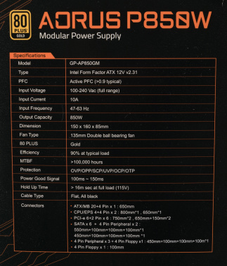 Блок питания Gigabyte ATX 850W AORUS GP-AP850GM